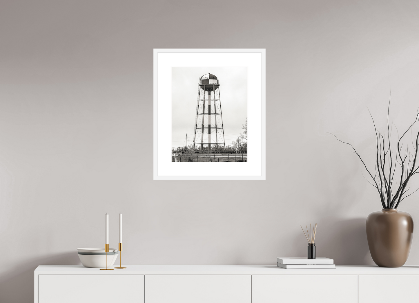 16 x 20″, Solid 0.8" White Wood Frame With 3" Natural White Passe-Partout with Museum Glass Checkered Water Tower