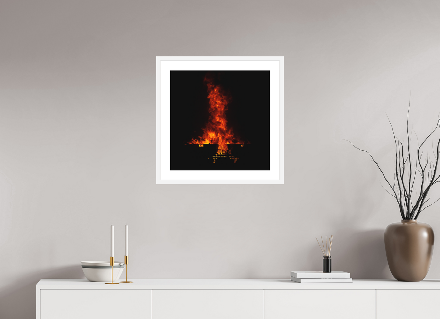 20 x 20″, Solid 0.8" White Wood Frame With 2" Natural White Passe-Partout with Museum Glass Burning Man - Flames