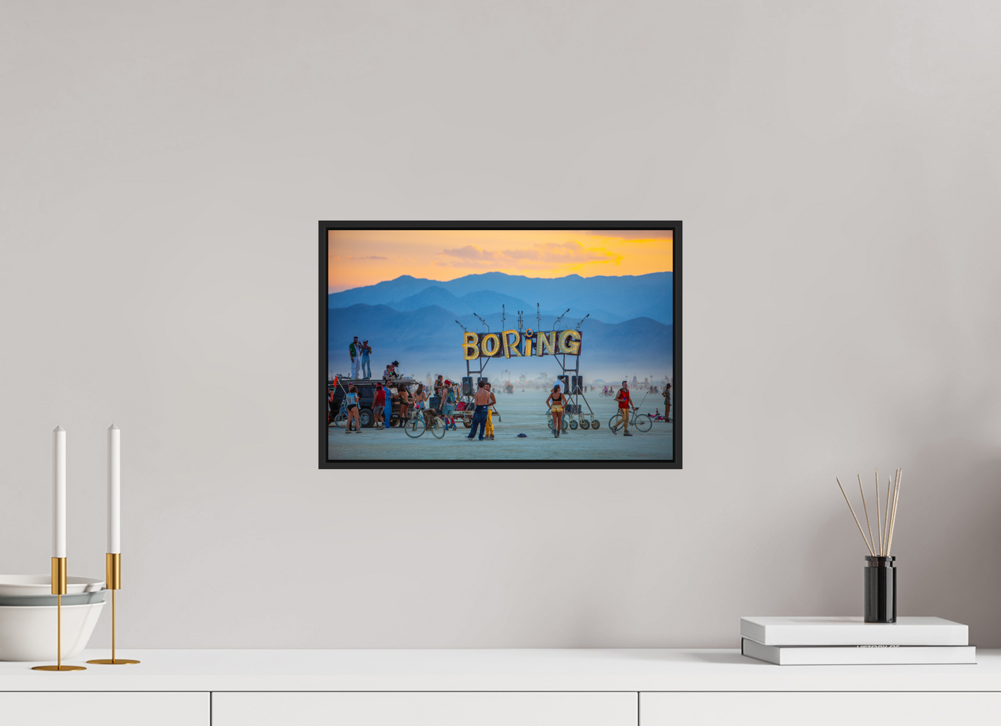 15 x 10″, Black Matte Frame, No Border Burning Man - Boring Sign