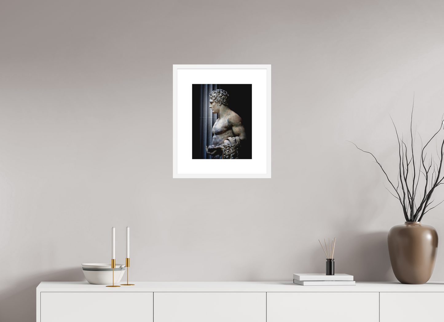 12 x 15″, Solid 0.8" White Wood Frame With 3" Natural White Passe-Partout with Museum Glass Hercules Statue