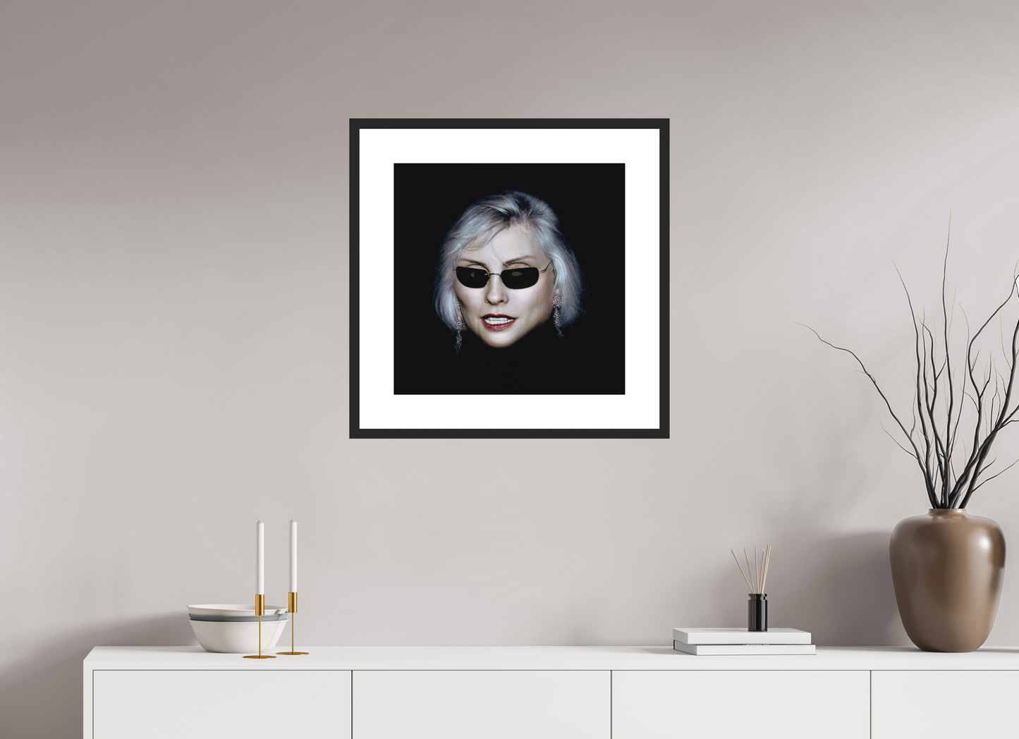 20 x 20″, Solid 0.8" Black Wood Frame With 3" Natural White Passe-Partout with Museum Glass Debbie Harry Wearing Glasses