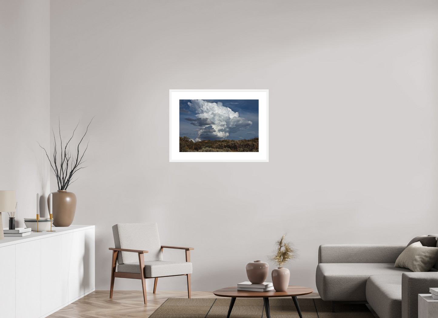 30 x 20″, Solid 0.8" White Wood Frame With 3" Natural White Passe-Partout with Museum Glass Billowing Clouds