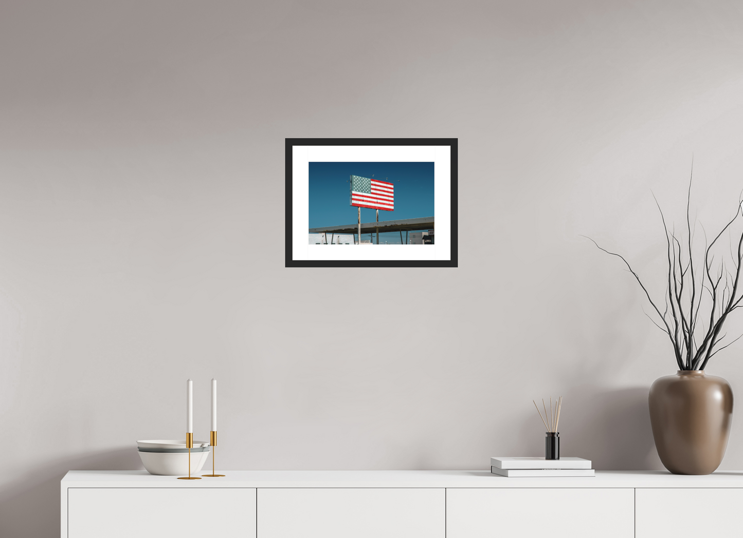 15 x 10″, Solid 0.8" Black Wood Frame With 2" Natural White Passe-Partout with Museum Glass USA Flag Sign
