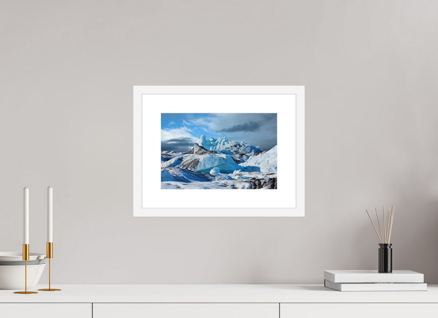 12 x 8″, Solid 0.8" White Wood Frame With 2" Natural White Passe-Partout with Museum Glass Iceland Icebergs