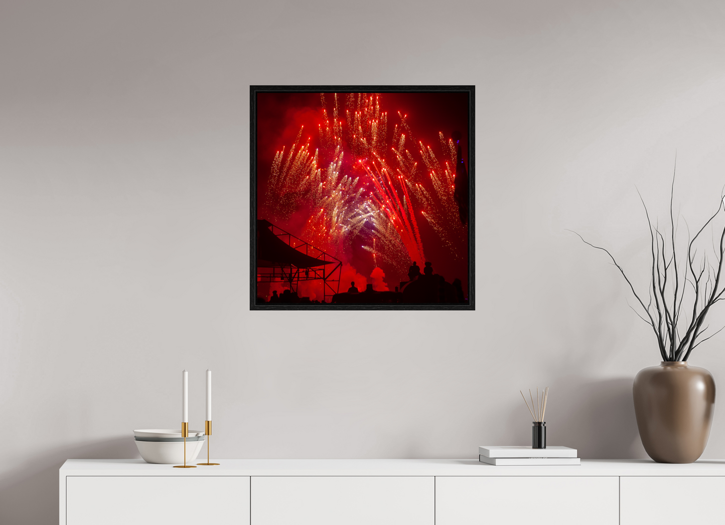 25 x 25″, Floater Frame Burning Man - Red Fireworks