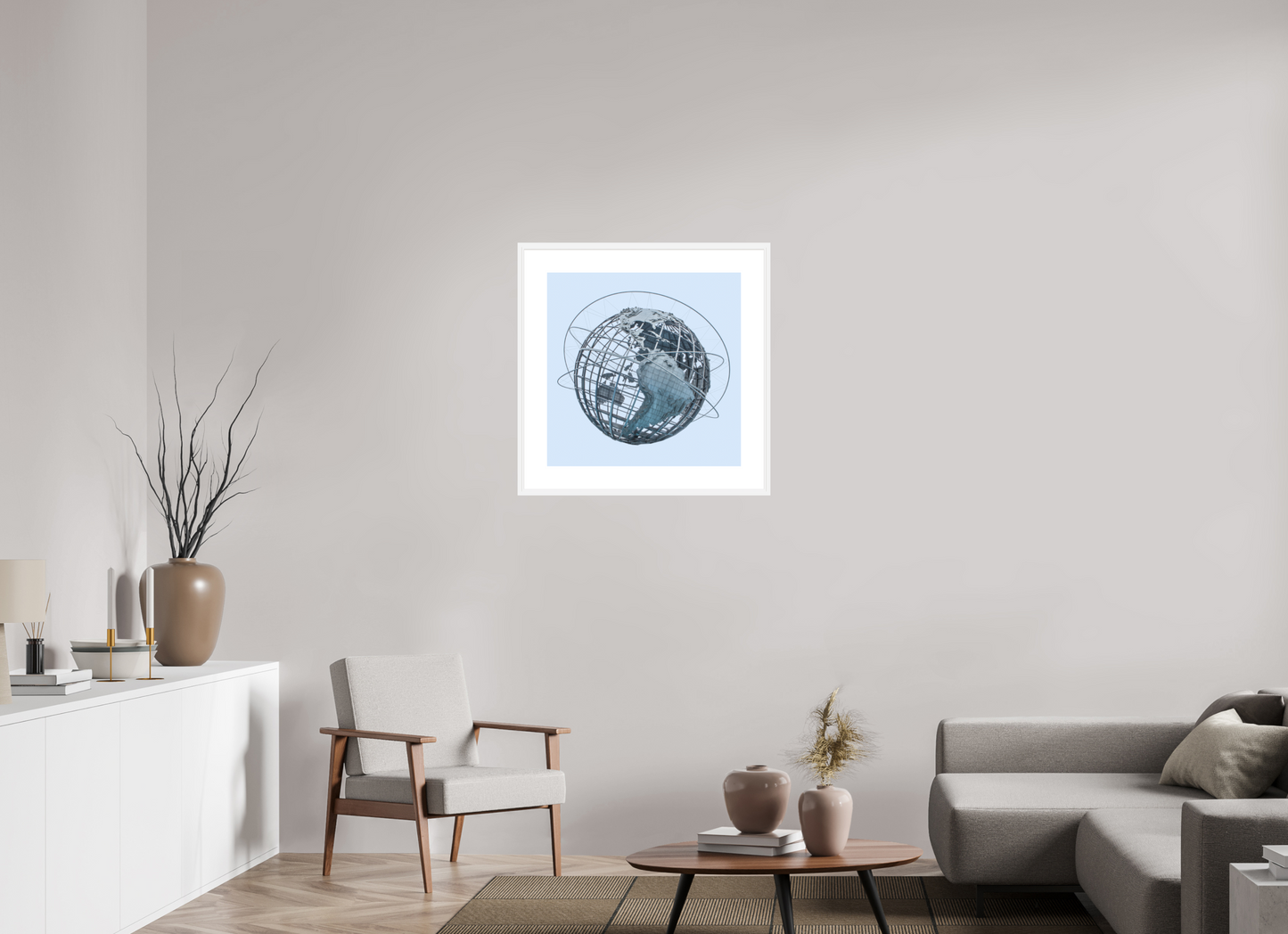 25 x 25″, Solid 0.8" White Wood Frame With 3" Natural White Passe-Partout with Museum Glass Unisphere