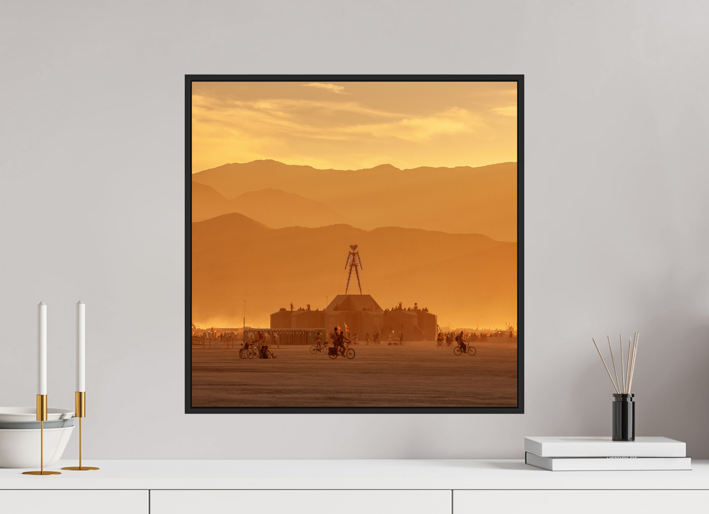 20 x 20″, Black Matte Frame, No Border Burning Man with Mountains