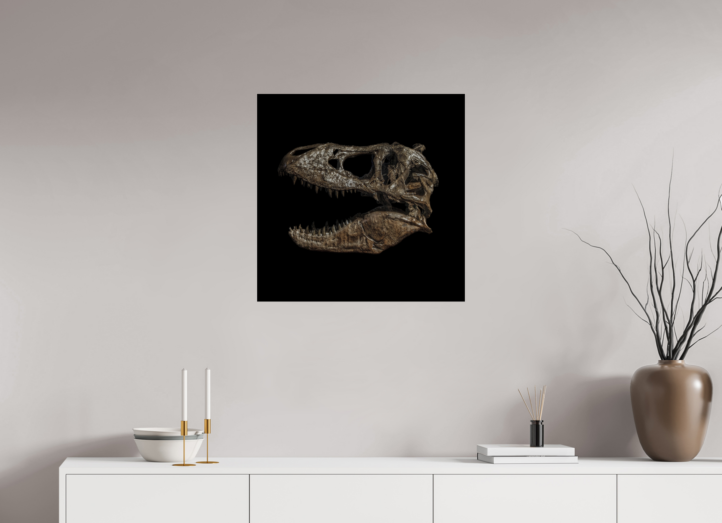 25 x 25″, Frameless Acrylic Glass T-Rex Skull