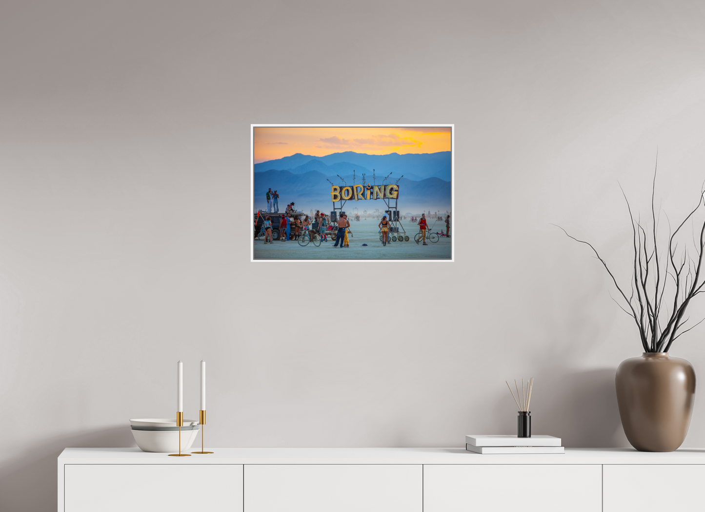 24 x 16″, White Matte Frame, No Border Burning Man - Boring Sign