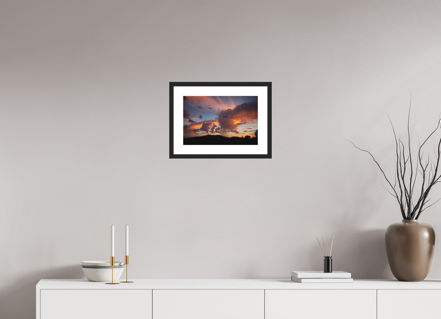 15 x 10″, Solid 0.8" Black Wood Frame With 2" Natural White Passe-Partout with Museum Glass Sunset with Clouds