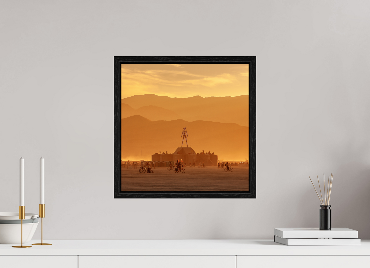 15 x 15″, Floater Frame Burning Man with Mountains
