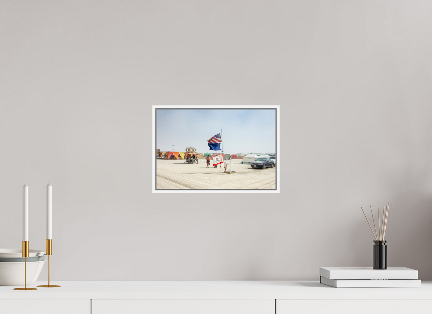 12 x 8″, White Matte Frame, No Border Burning Man - Two Flags