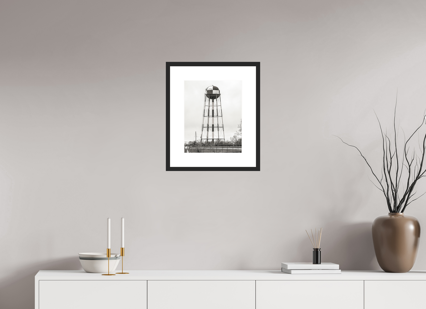 12 x 15″, Solid 0.8" Black Wood Frame With 3" Natural White Passe-Partout with Museum Glass Checkered Water Tower
