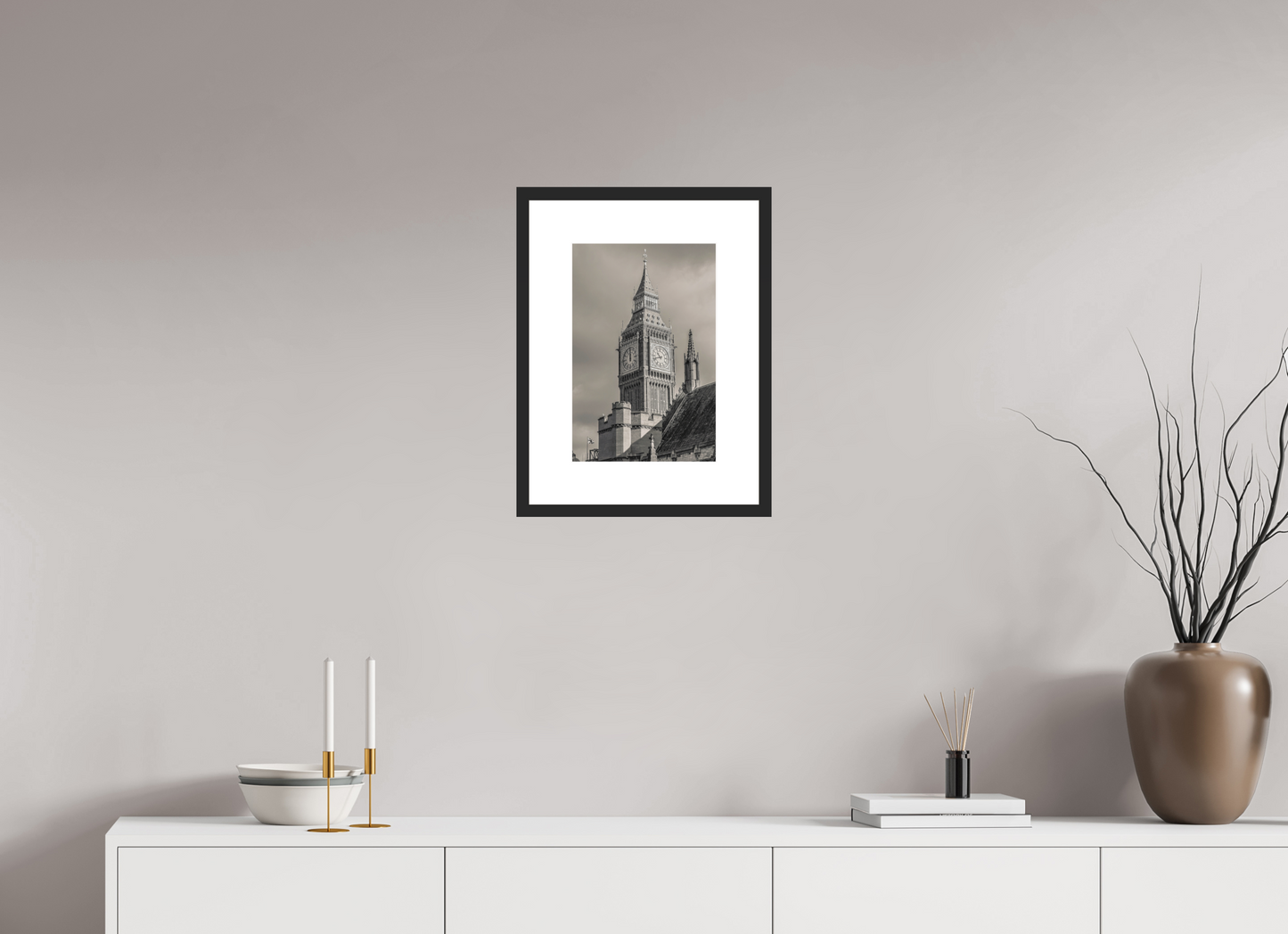 10 x 15″, Solid 0.8" Black Wood Frame With 3" Natural White Passe-Partout with Museum Glass Big Ben