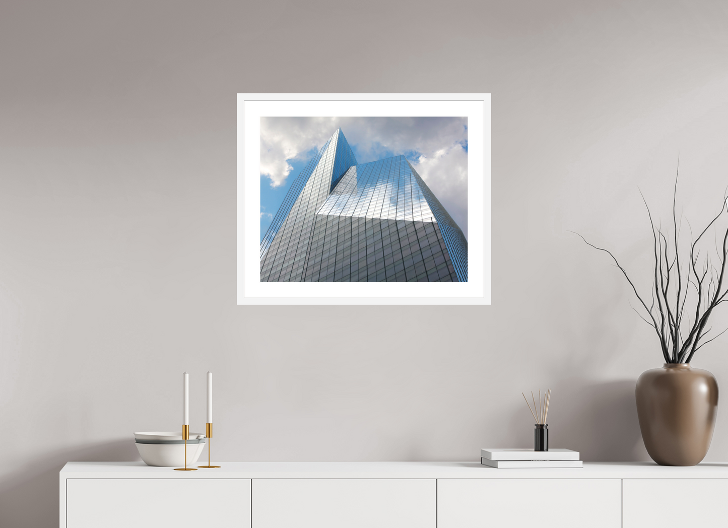 25 x 20″, Solid 0.8" White Wood Frame With 2" Natural White Passe-Partout with Museum Glass Bank of America Tower