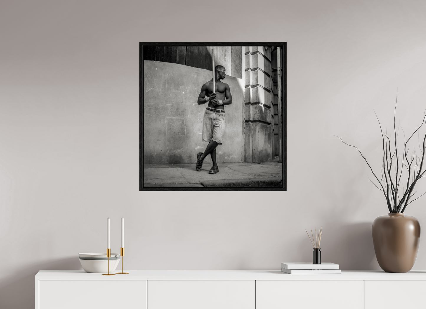 28 x 28.4″, Floater Frame Cuban Boy Playing Stickball
