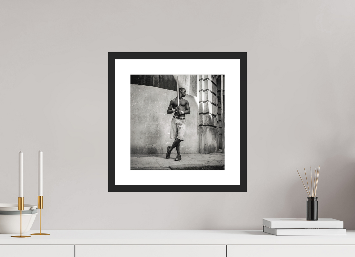 12 x 12.2″, Solid 0.8" Black Wood Frame With 2" Natural White Passe-Partout with Museum Glass Cuban Boy Playing Stickball, Havana