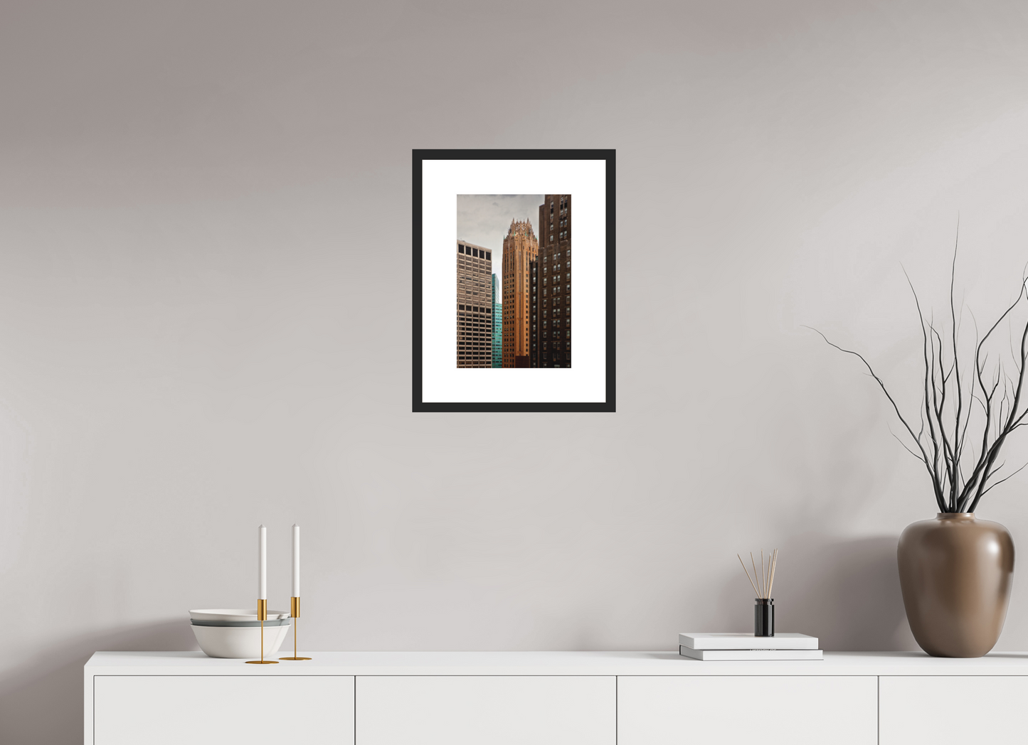 10 x 15″, Solid 0.8" Black Wood Frame With 3" Natural White Passe-Partout with Museum Glass General Electric Building