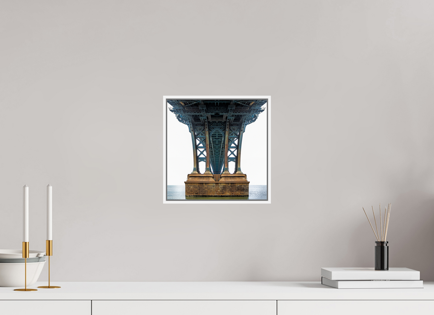 10 x 10″, White Matte Frame, No Border Manhattan Bridge