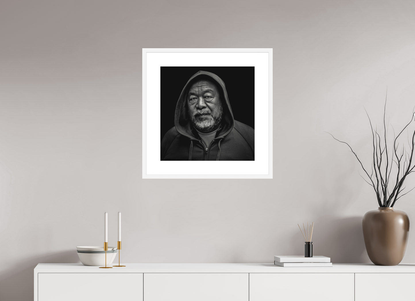20 x 20″, Solid 0.8" White Wood Frame With 3" Natural White Passe-Partout with Museum Glass Ai WeiWei, Chinese contemporary artist