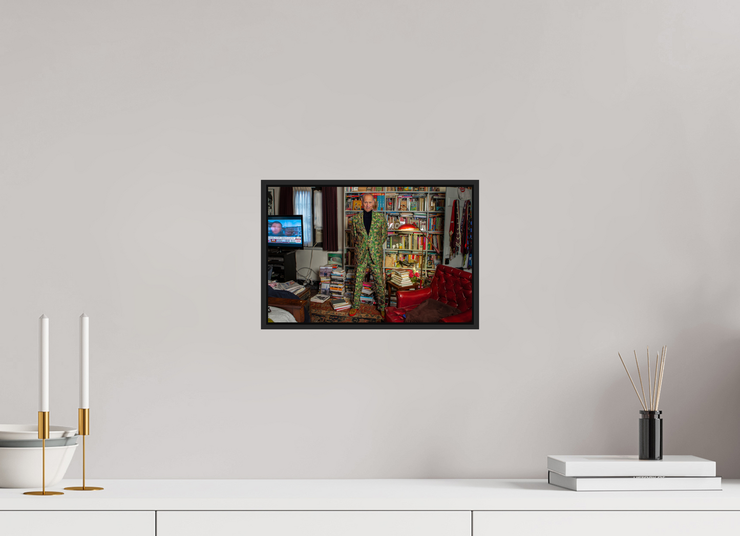 12 x 8″, Black Matte Frame, No Border Director John Waters in his Bedroom with TV