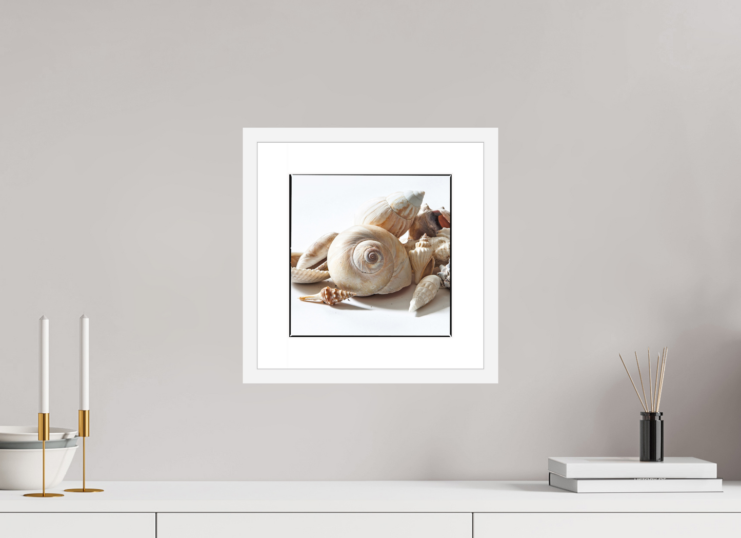 10 x 10″, Solid 0.8" White Wood Frame With 2" Natural White Passe-Partout with Museum Glass Sea Shells