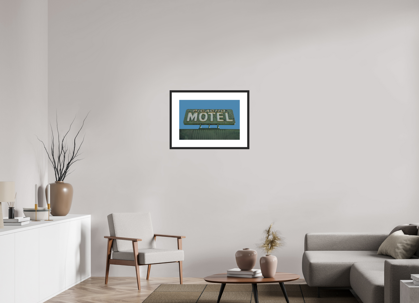 24 x 16″, Solid 0.8" Black Wood Frame With 3" Natural White Passe-Partout with Museum Glass Picacho Motel Sign