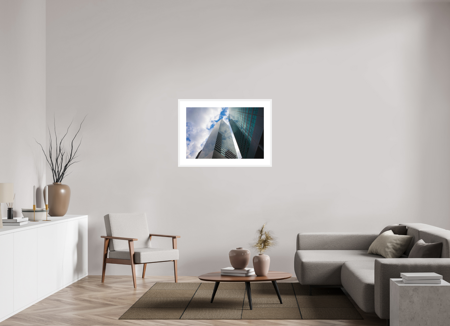 36 x 24″, Solid 0.8" White Wood Frame With 3" Natural White Passe-Partout with Museum Glass Manhattan Skyscrappers