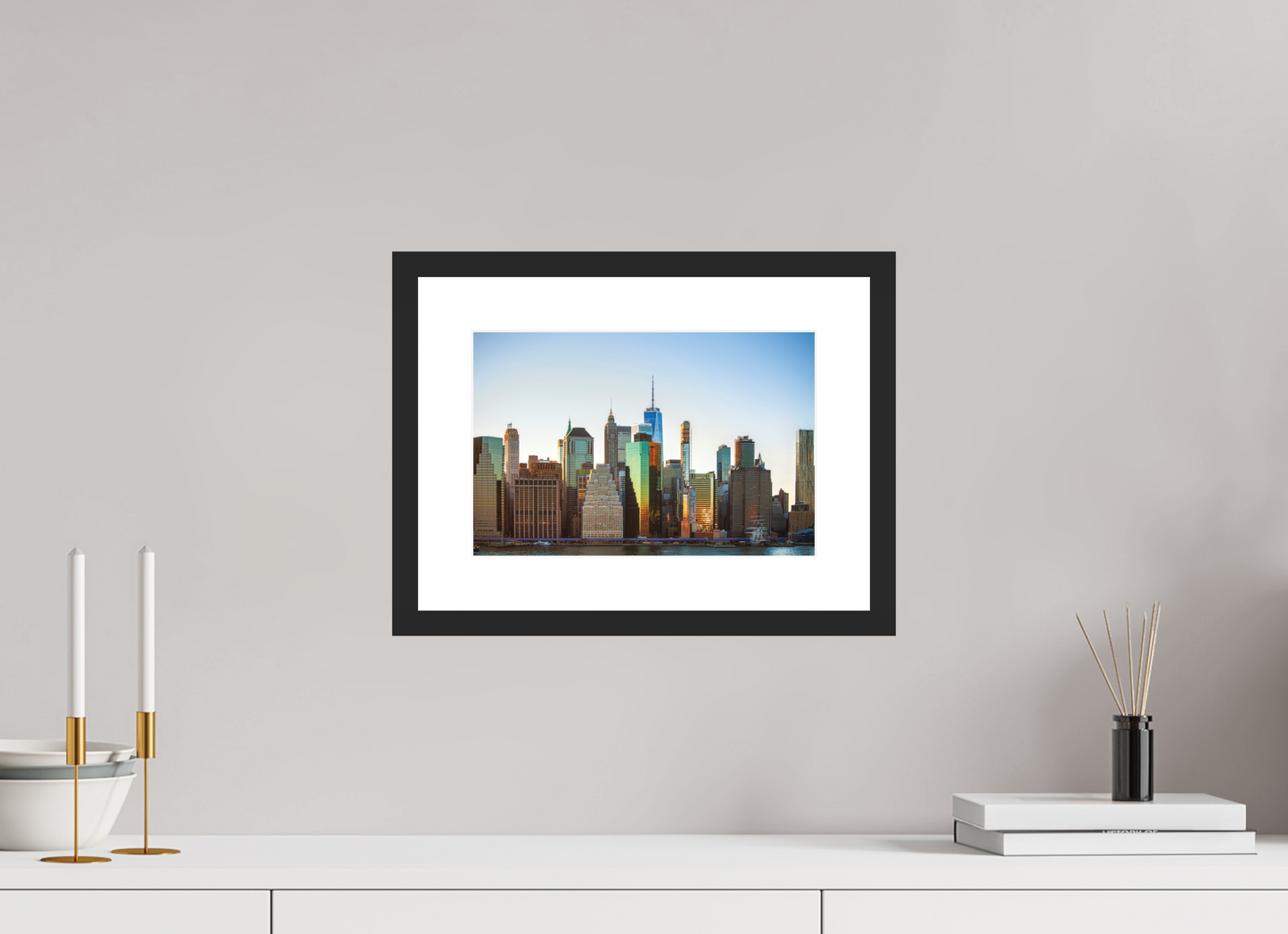 12 x 8″, Solid 0.8" Black Wood Frame With 2" Natural White Passe-Partout with Museum Glass Lower Manhattan