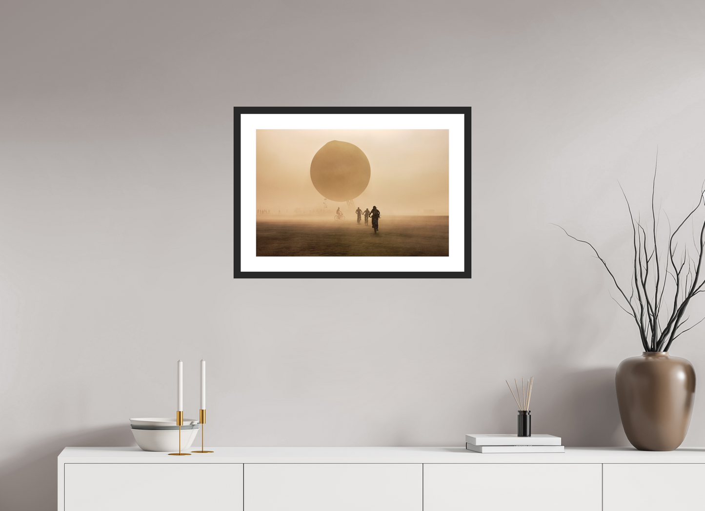 24 x 16″, Solid 0.8" Black Wood Frame With 2" Natural White Passe-Partout with Museum Glass Burning Man - Weather Balloon and Bikers
