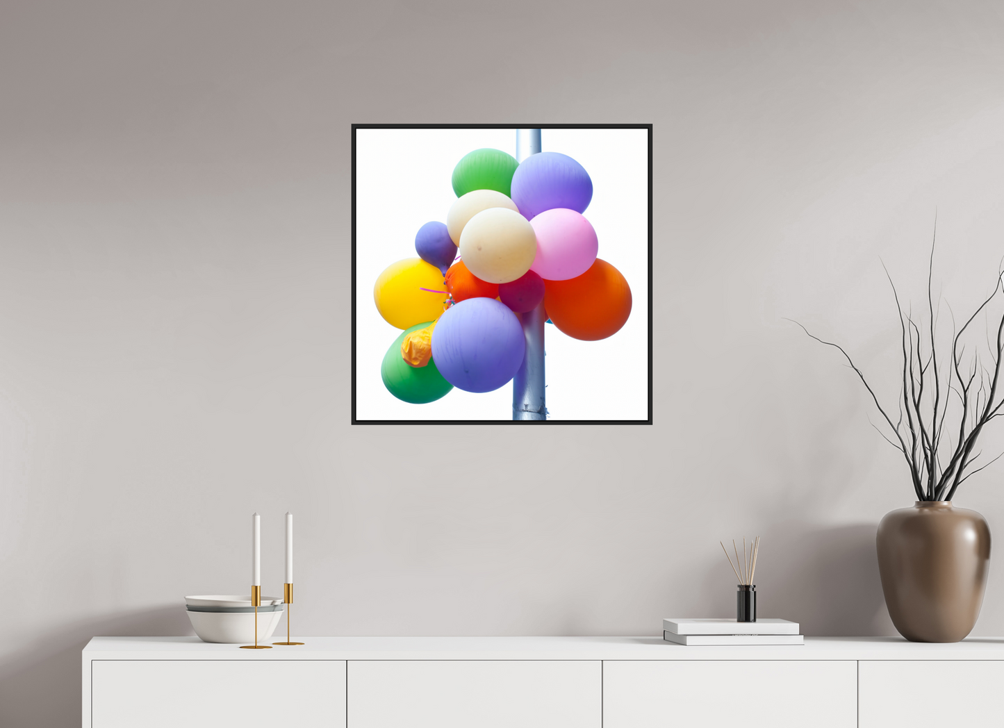 Colorful Ballons Tied to a Lamp Post