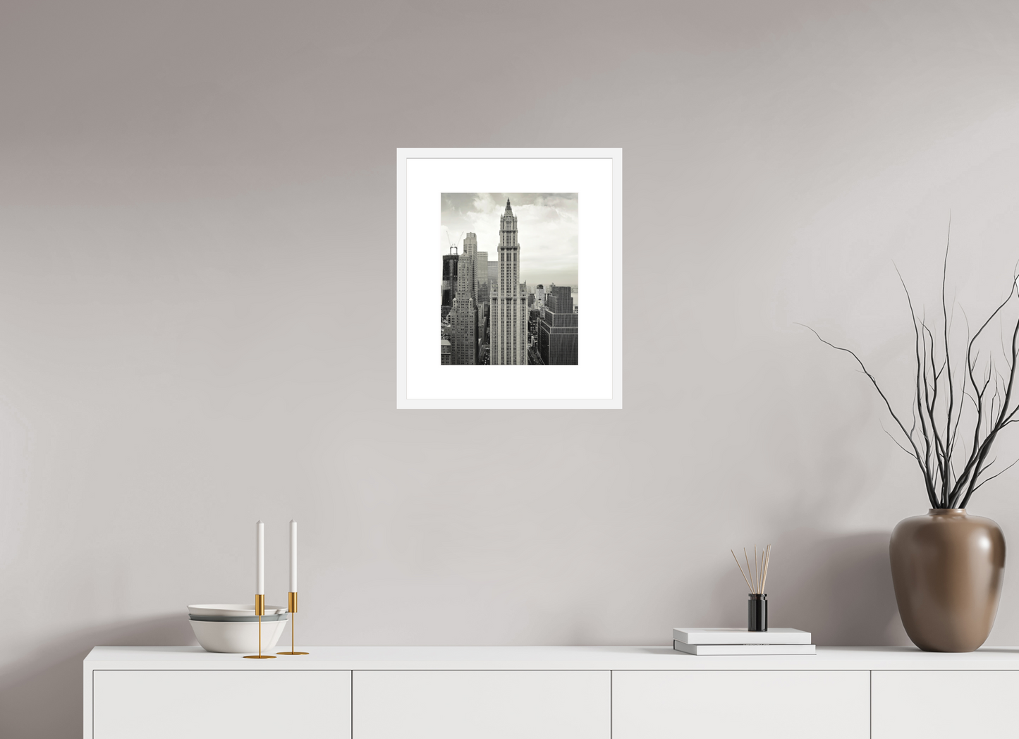 12 x 15″, Solid 0.8" White Wood Frame With 3" Natural White Passe-Partout with Museum Glass The Woolworth Building