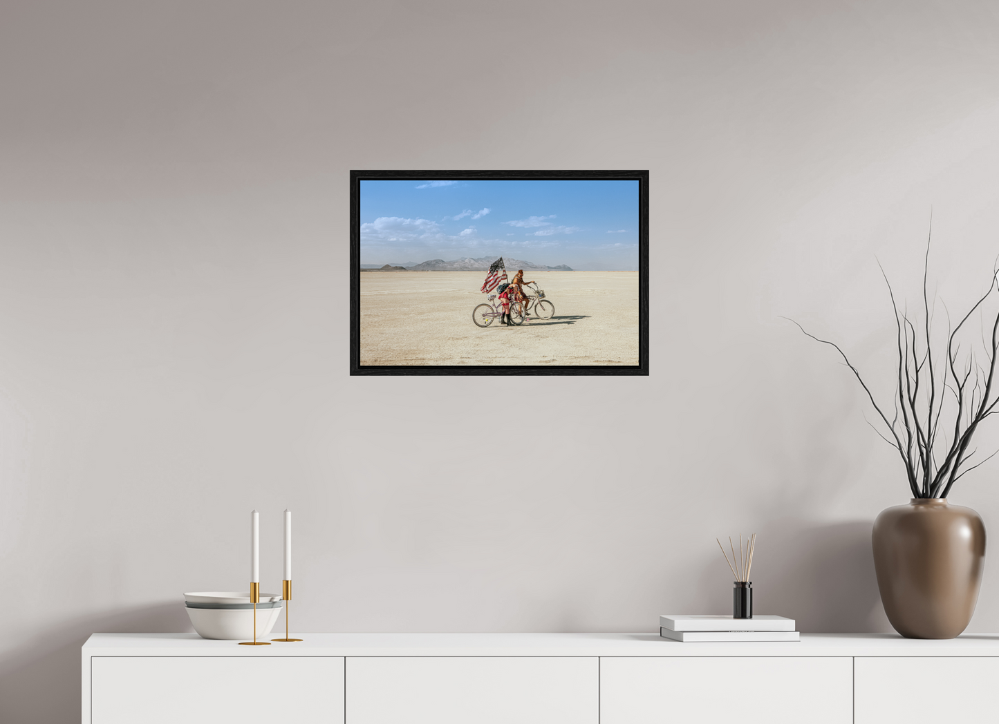 24 x 16″, Floater Frame Burning Man - Two with Bikes and USA Flag