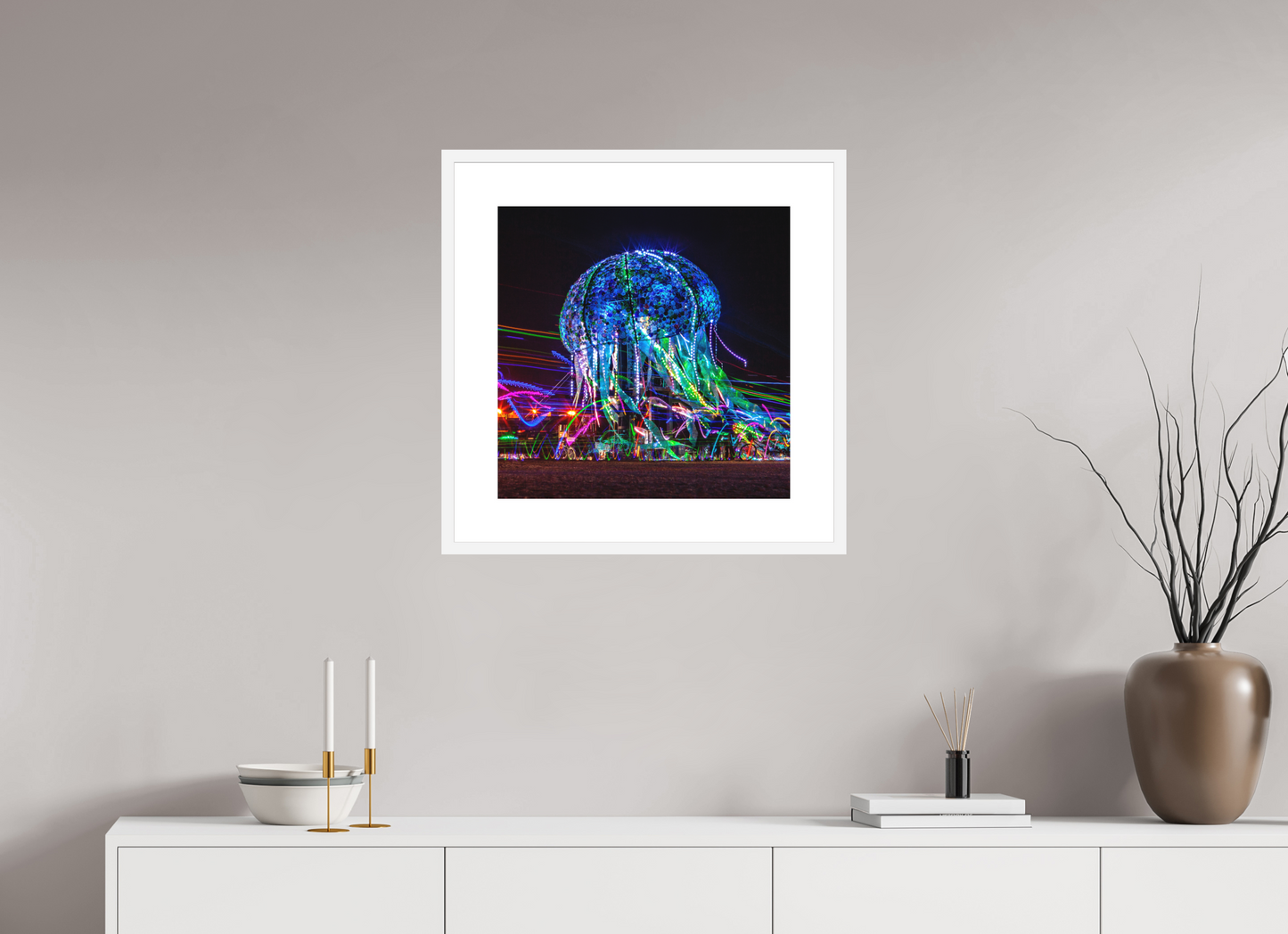 20 x 20″, Solid 0.8" White Wood Frame With 3" Natural White Passe-Partout with Museum Glass Burning Man - Glass Jellyfish (square format)