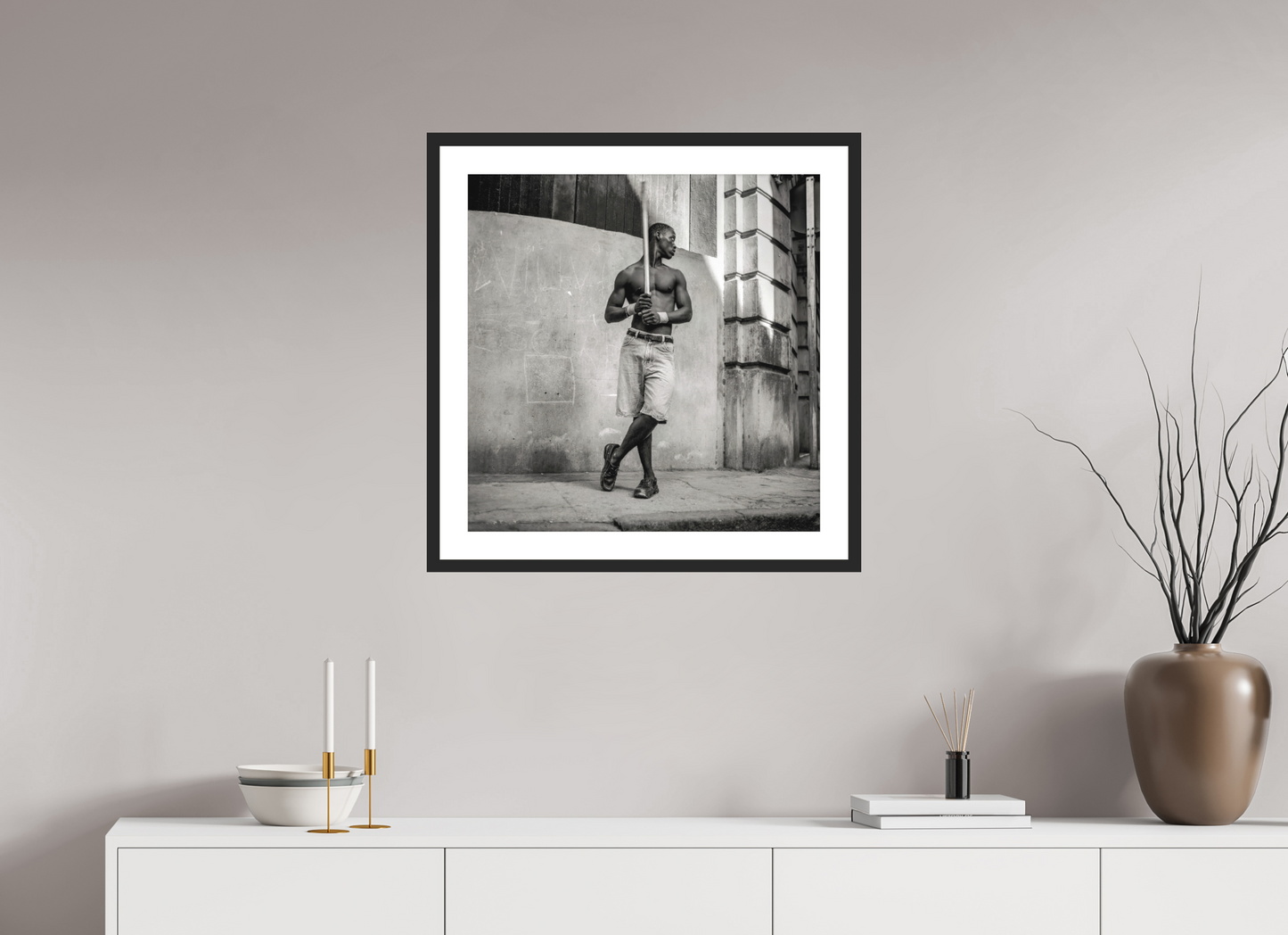 24 x 24.3″, Solid 0.8" Black Wood Frame With 2" Natural White Passe-Partout with Museum Glass Cuban Boy Playing Stickball, Havana