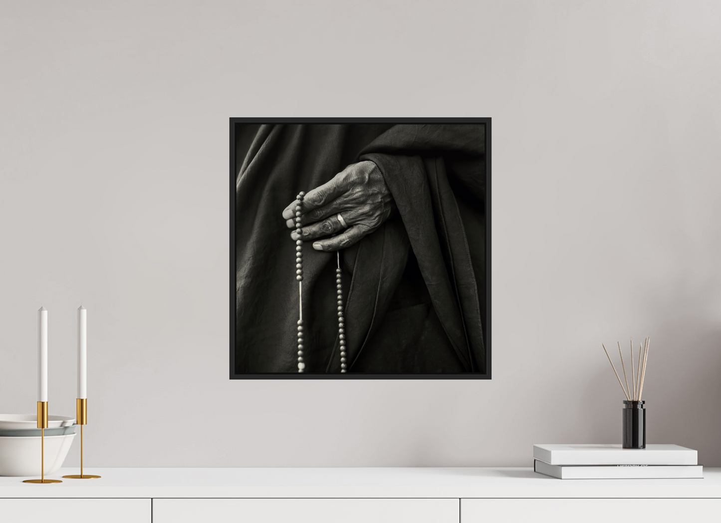 15 x 15″, Black Matte Frame, No Border Tibetan Monk Hand with Prayer Beads