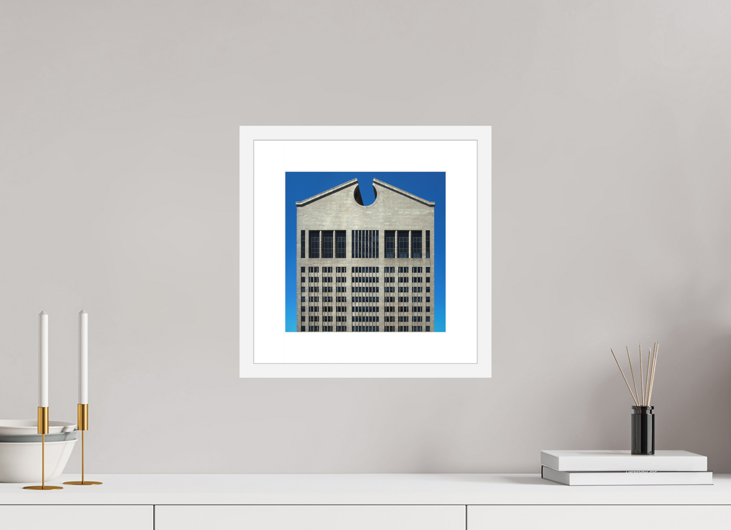 10 x 10″, Solid 0.8" White Wood Frame With 2" Natural White Passe-Partout with Museum Glass The Chippendale Building