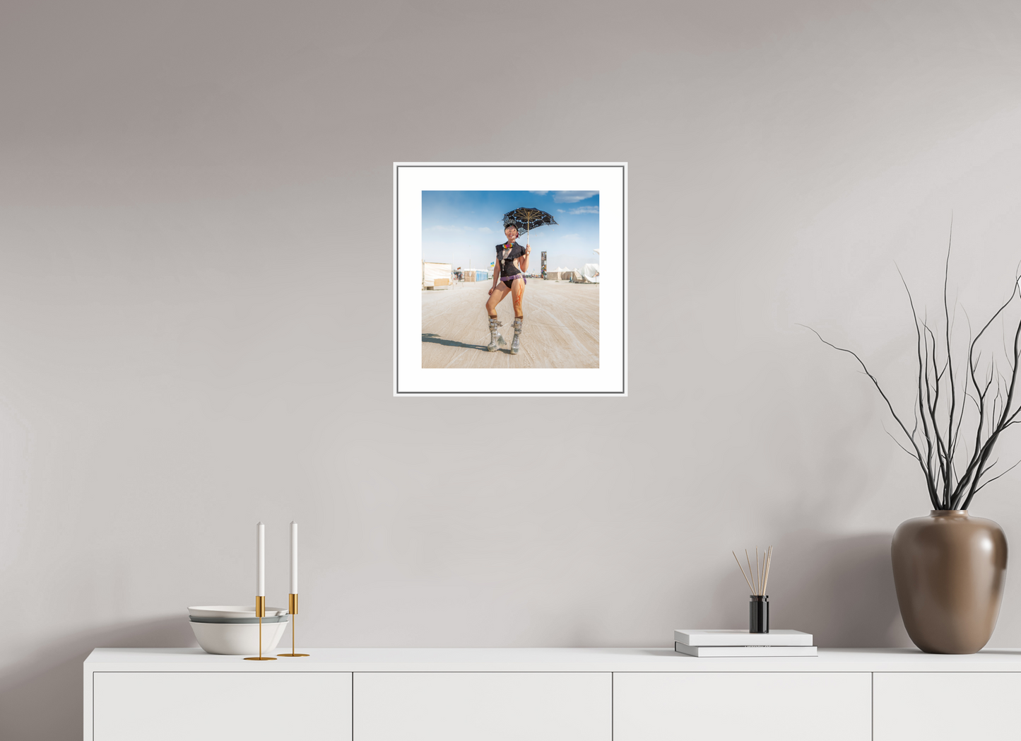15 x 15″, White Matte Frame Burning Man - Attendee with Parasol