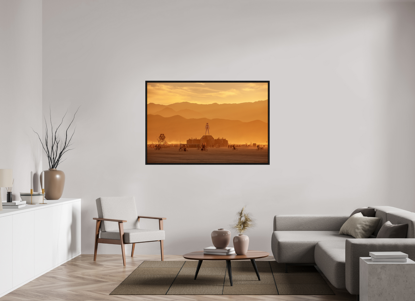 60 x 40″, Floater Frame Burning Man - Burning Man and Mountains