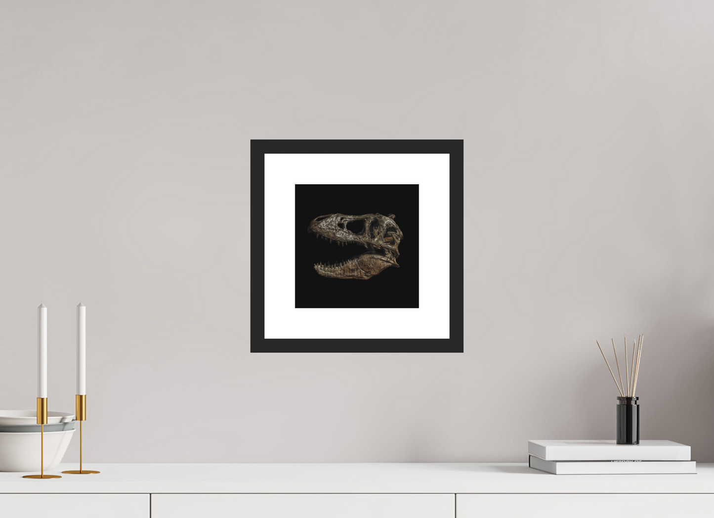 8 x 8″, Solid 0.8" Black Wood Frame With 2" Natural White Passe-Partout with Museum Glass T-Rex Skull