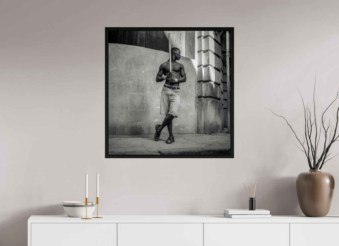 31 x 31.5″, Floater Frame Cuban Boy Playing Stickball