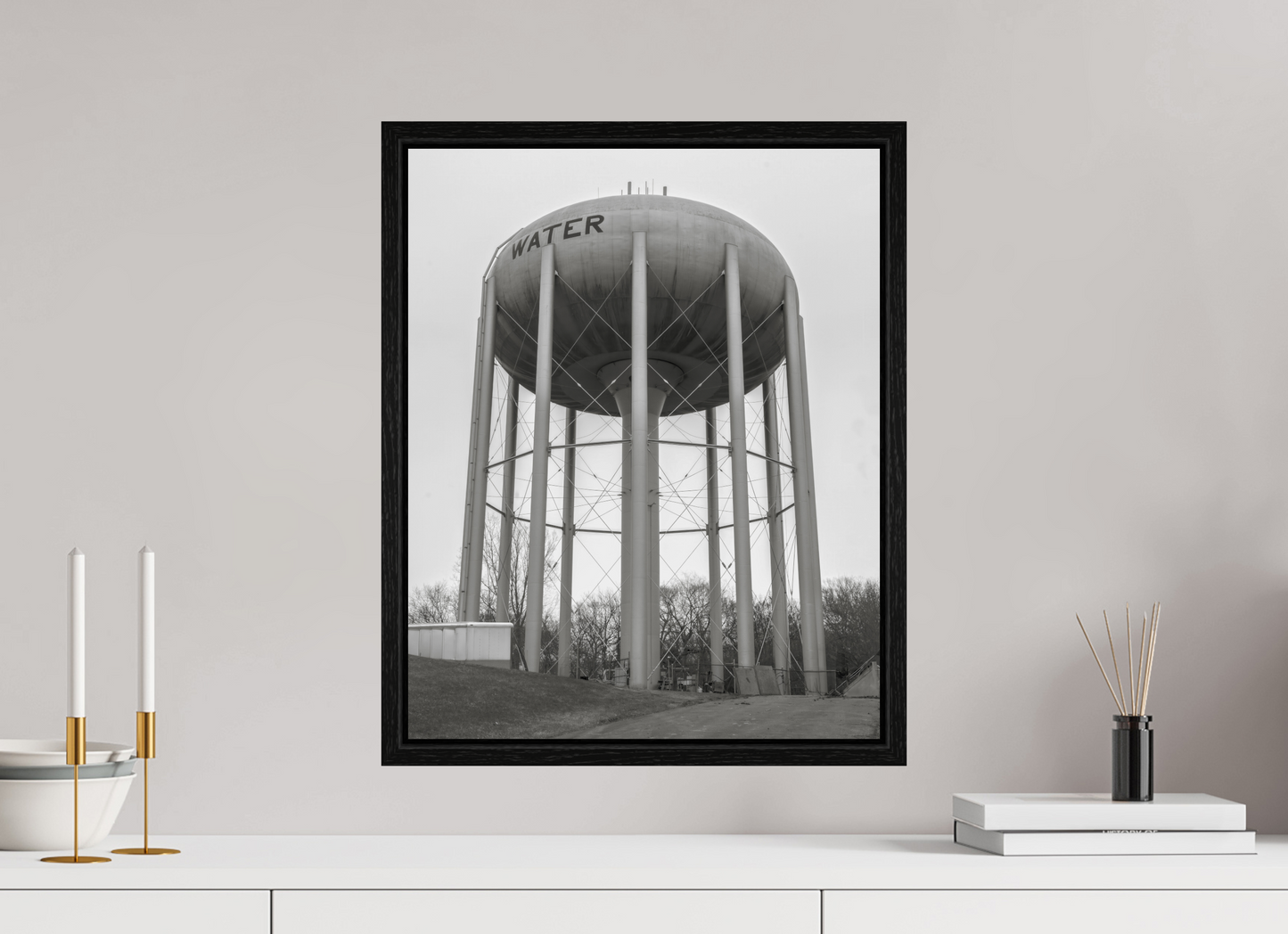 16 x 20″, Floater Frame Grey Water Tower