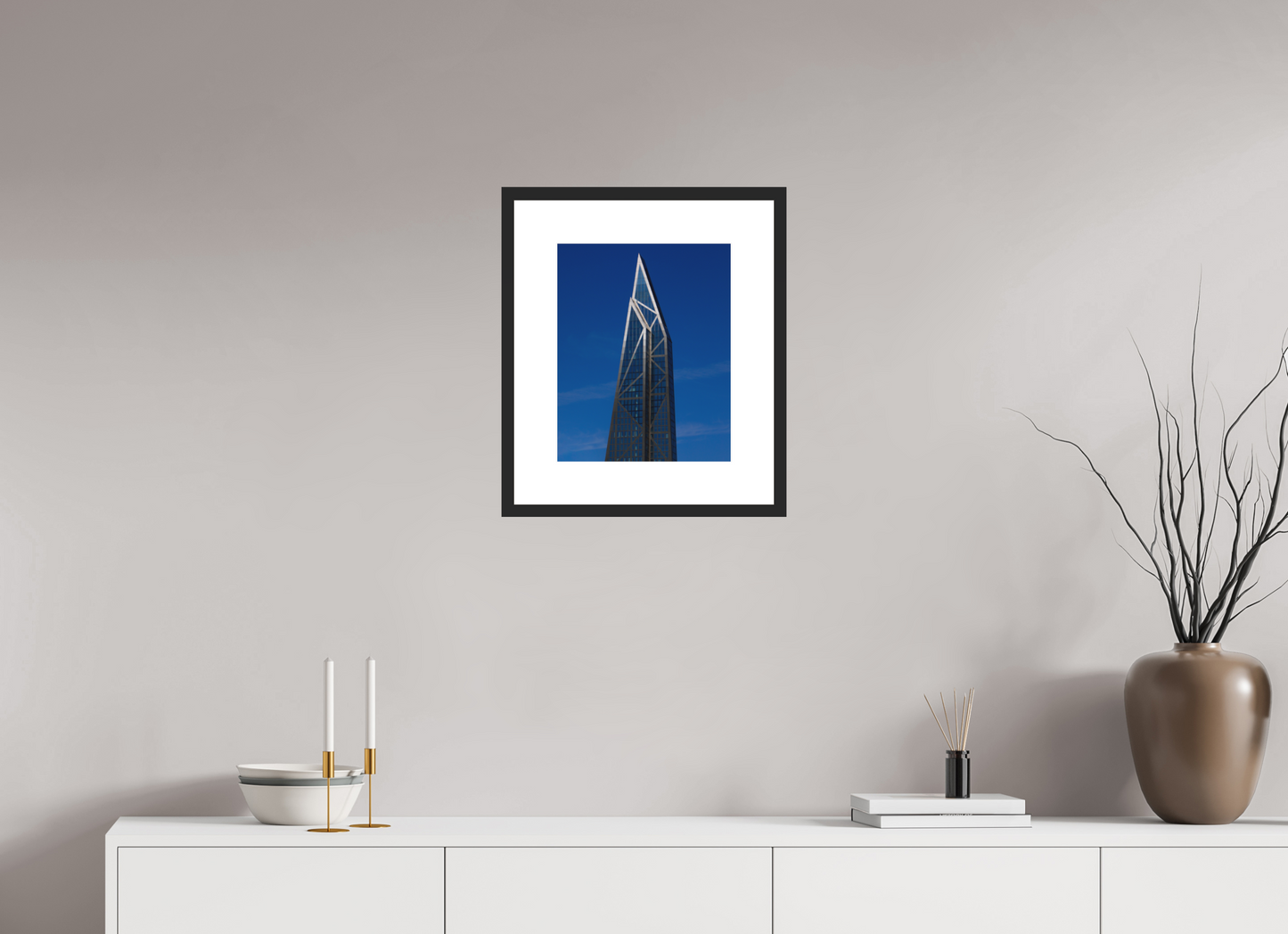 12 x 15″, Solid 0.8" Black Wood Frame With 3" Natural White Passe-Partout with Museum Glass MoMA Tower