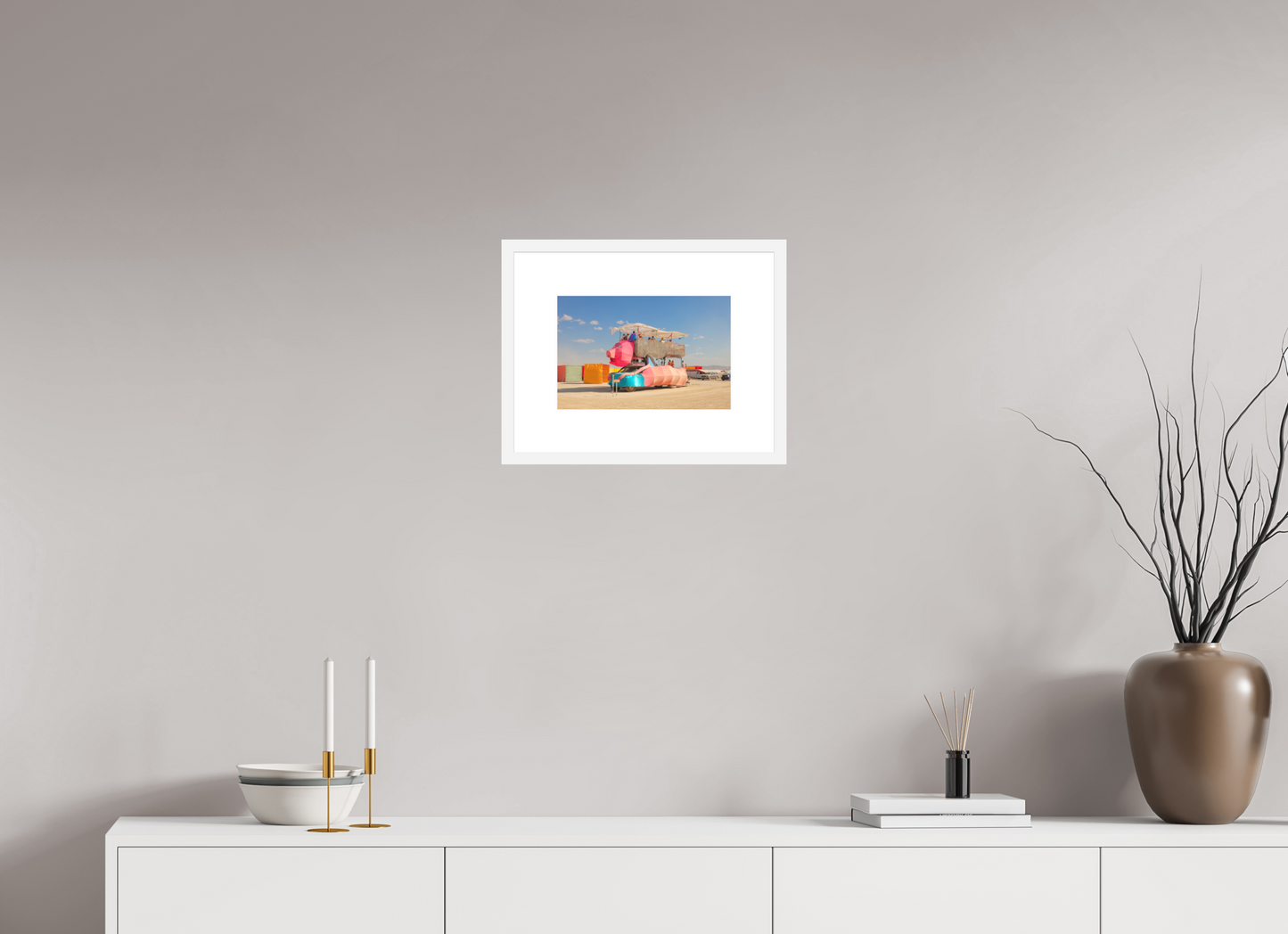 12 x 8″, Solid 0.8" White Wood Frame With 3" Natural White Passe-Partout with Museum Glass Burning Man - Art Car Ponco