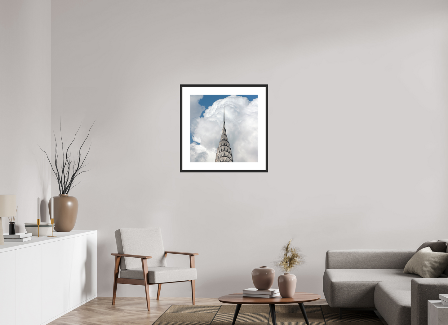 25 x 25″, Solid 0.8" Black Wood Frame With 3" Natural White Passe-Partout with Museum Glass Chrysler Building with Clouds