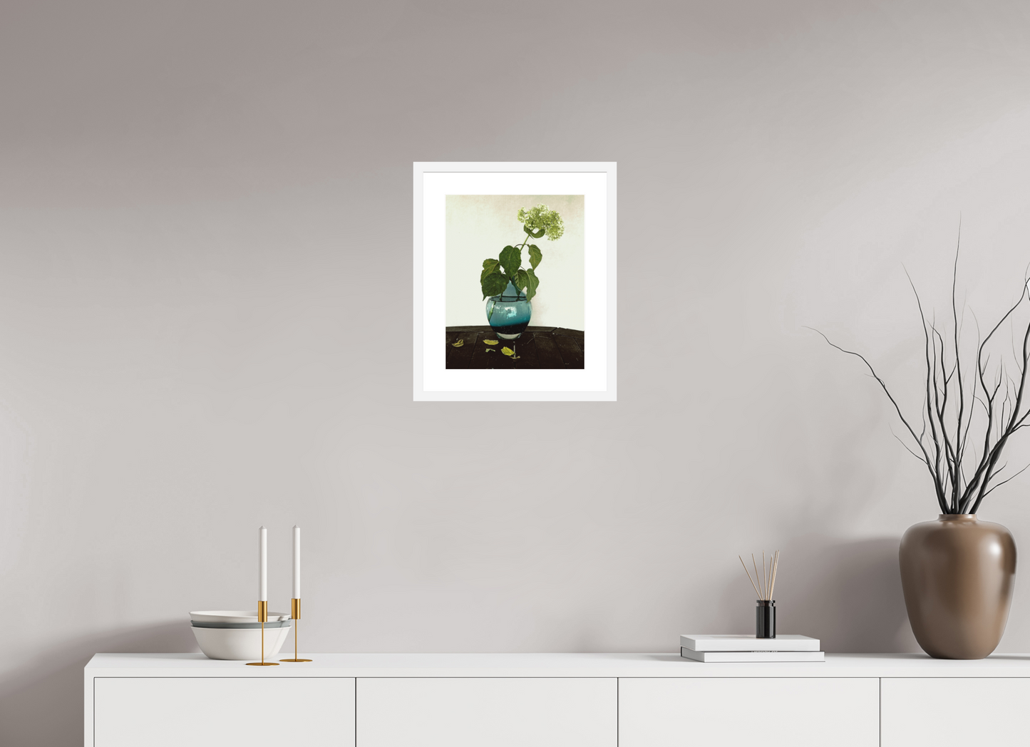 12 x 15″, Solid 0.8" White Wood Frame With 2" Natural White Passe-Partout with Museum Glass Flower in Vase on Table