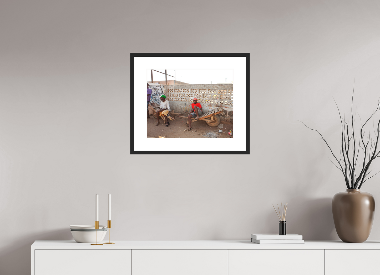 20 x 16″, Solid 0.8" Black Wood Frame With 3" Natural White Passe-Partout with Museum Glass Worker in Red Shirt, Angola