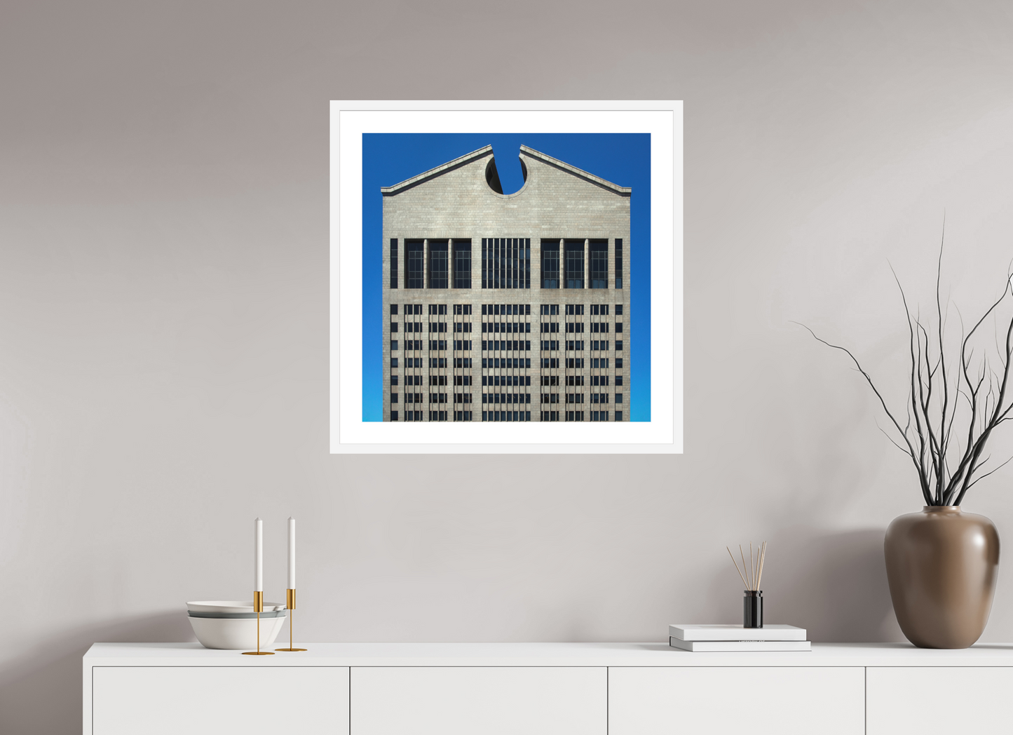 25 x 25″, Solid 0.8" White Wood Frame With 2" Natural White Passe-Partout with Museum Glass The Chippendale Building