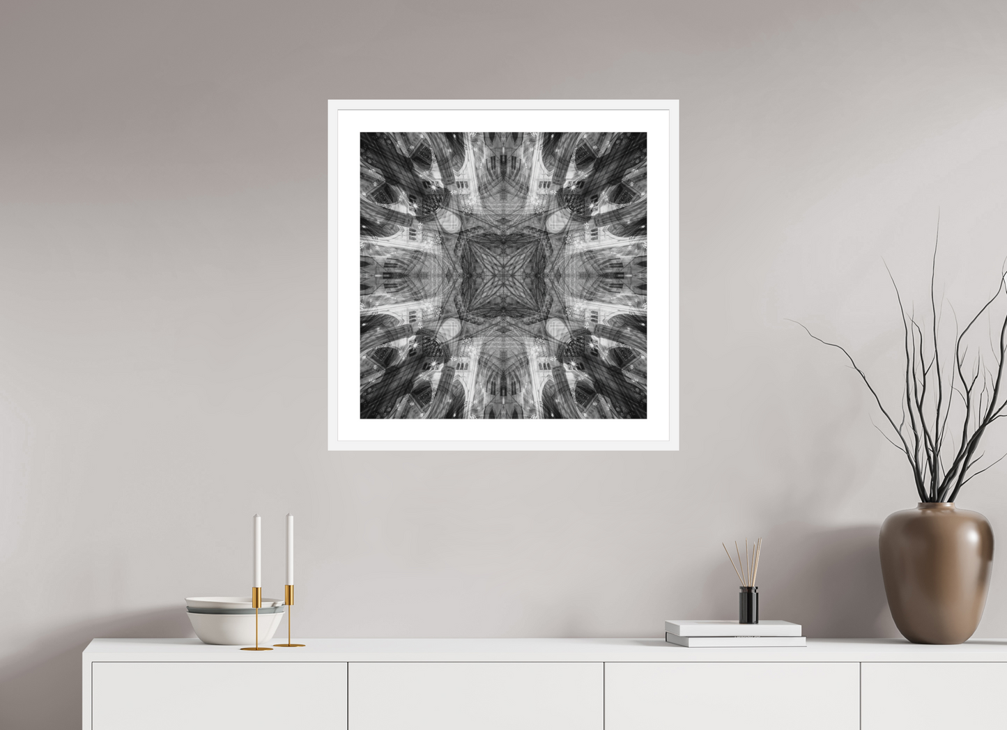 25 x 25″, Solid 0.8" White Wood Frame With 2" Natural White Passe-Partout with Museum Glass Architectual Abstraction