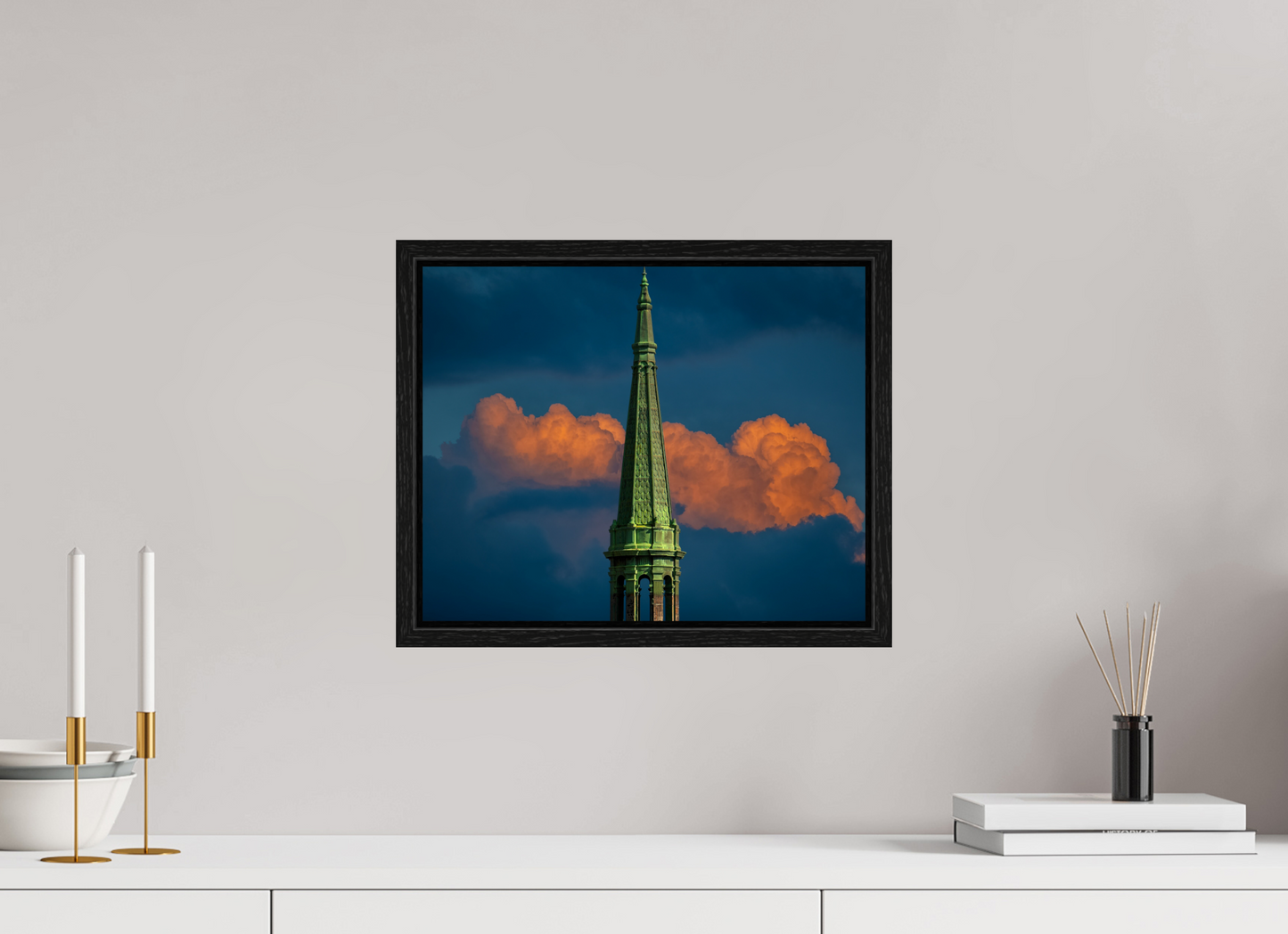 15 x 12″, Floater Frame Orange Clouds and Green Tower